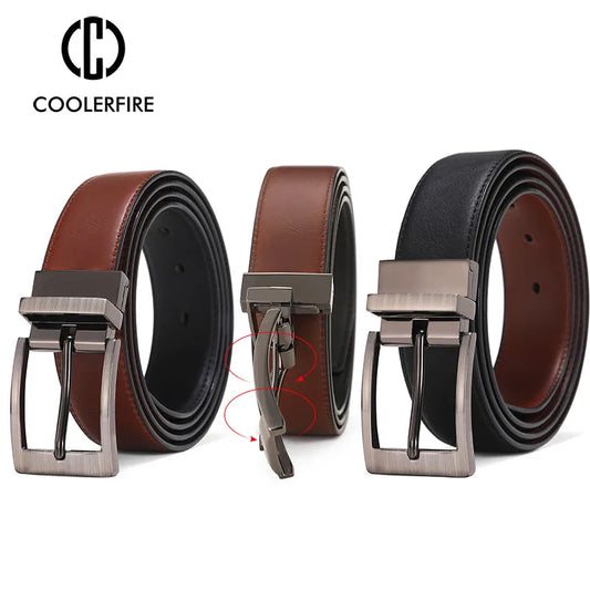 Ceinture Homme Réversible – 2 en 1 : Métal + Cuir – Boucle 5,2 cm – Largeur 3,4 cm – Style Casual – CCOOLERFIRE